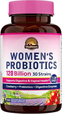 Vitalitown Probiotics for Women 120 Billion CFUs, 30 Strains, with Prebiotics & Digestive Enzymes & Cranberry, Gut & Vaginal Health, Vegan 30 Delayed Release Caps 이미지