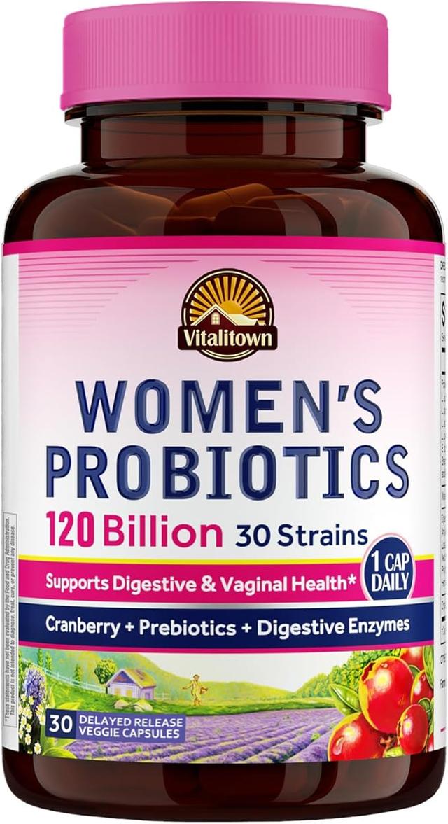 Vitalitown Probiotics for Women 120 Billion CFUs, 30 Strains, with Prebiotics & Digestive Enzymes & Cranberry, Gut & Vaginal Health, Vegan 30 Delayed Release Caps 상품 이미지