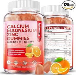 무설탕 칼슘 마그네슘 아연 보충제 젤리, 비타민 D3 및 B12 포함, 여성 및 남성용 고흡수 칼슘 마그네슘 보충제 뼈 및 치아 강도, 근육 및 면역용(120개) 이미지