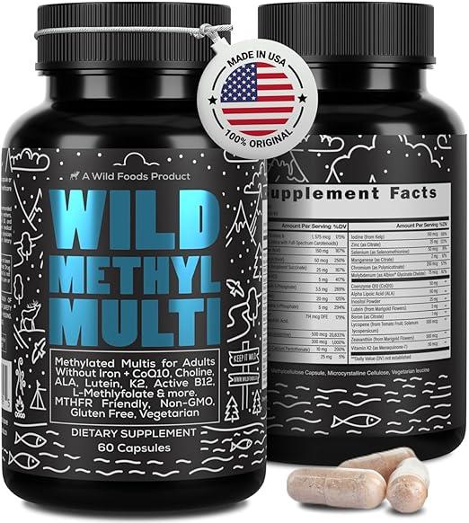 Wild Methylated Multivitamin for Women & Men | Daily Multi Vitamin | MTHFR Supplement Without Iron | Methylated B12, Folate, Vitamin C, A, K2, D, E, Choline, Biotin, ALA, CoQ10 & More (60 Capsules) 상품 이미지