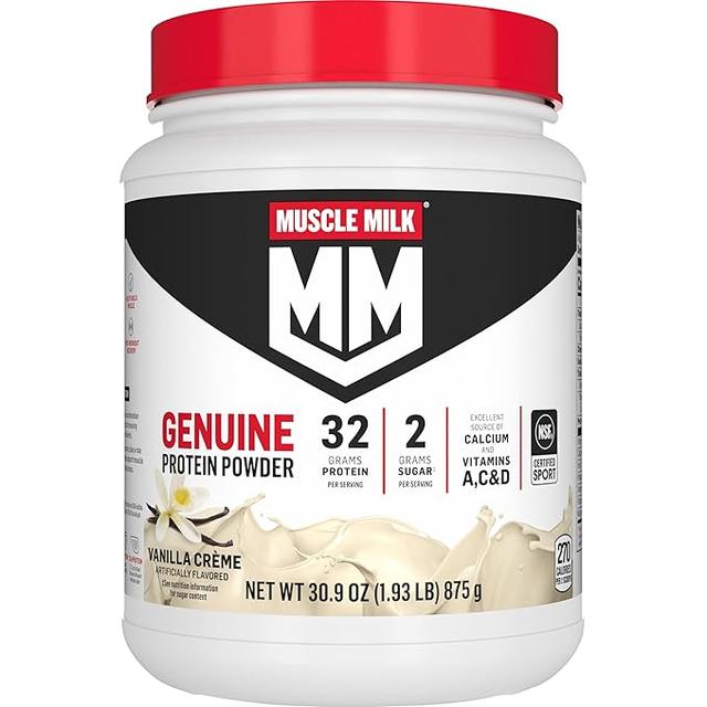Muscle Milk 정품 단백질 파우더, 바닐라 크림, 0.9kg(2파운드), 12회분, 단백질 32g, 설탕 2g, 칼슘, 비타민 A, C & D, NSF 인증, 스포츠 에너자이징 간식, 포장은 다를 수 있음 상품 이미지