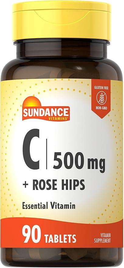 로즈 힙 함유 선댄스 비타민C | 500mg | 90 베지 정제 | 필수 비타민 | 채식주의자, 유전자 변형 성분 무함유 및 글루텐 프리 보충제 상품 이미지