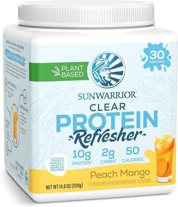 Sunwarrior 투명 단백질 파우더 식물 기반 워터 믹스, 비건 및 상쾌한 단백질 및 수분 보충제 1회 제공량당 10g 복숭아 망고 맛 420g 통 30회 분량 이미지
