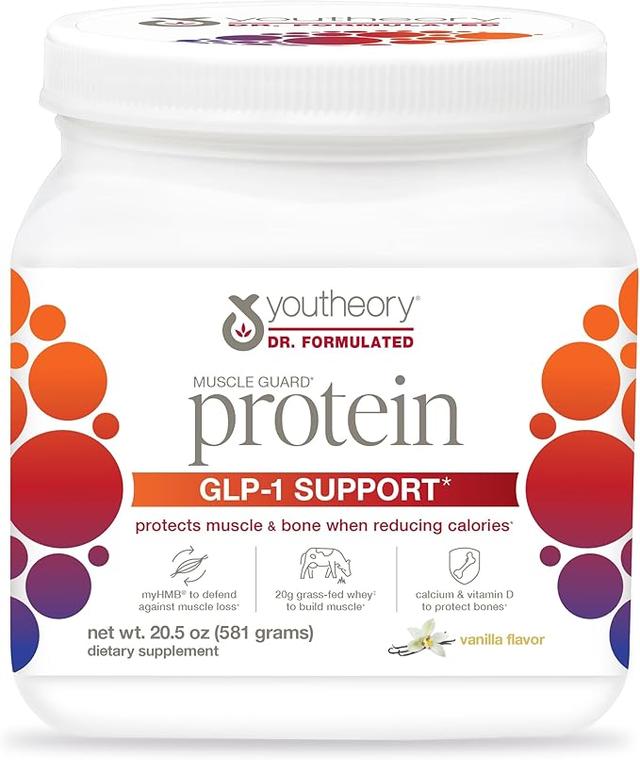 Youtheory Muscle Guard Protein GLP-1 서포트 - 유청 단백질 파우더 보충제 - GLP-1 사용자용 - 근육 및 뼈 지원 - myHMB, 칼슘 및 비타민 D 포함 - 581.2g(20온스) 파우더 상품 이미지