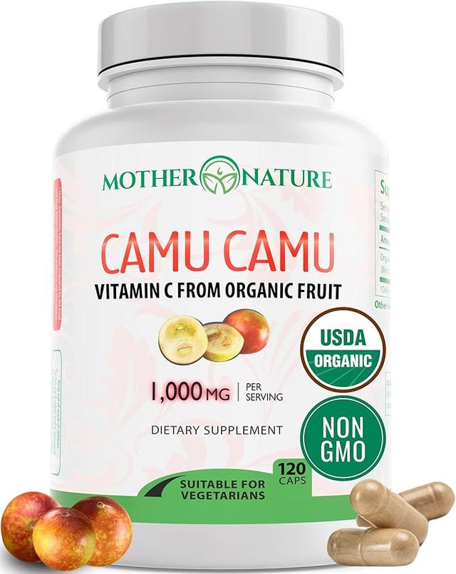 카무카무 유기농 비타민 C 캡슐 1,000mg, 천연 VIT C, 무가공 항산화제 함유 - 피부를 위한 면역 지원 보충제 및 노화 방지 - 분말 유기농, 비건, 유전자 변형 성분 무함유 (120 개입)