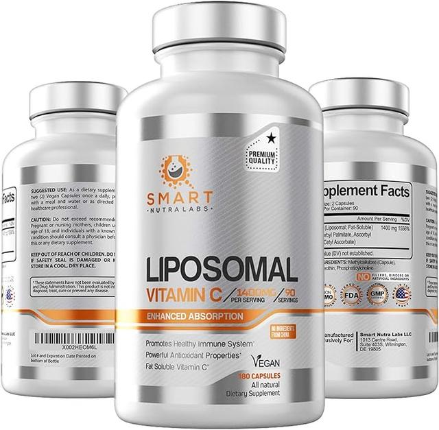 리포솜 비타민 C 1400mg- 비건 캡슐 180정 - 중국 무함유 성분, 지용성 고흡수 VIT C- 건강한 면역 체계 지원 및 콜라겐 부스터 - 강력한 항산화 지원 보충제