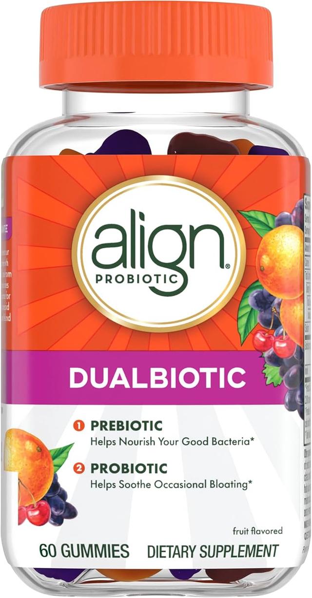 Align Dualbiotic, Prebiotics and Probiotics for Women and Men, Probiotics for Digestive Health, Prebiotics Help Nourish Good Bacteria, Natural Fruit Flavors, 60 Probiotic Gummies 상품 이미지