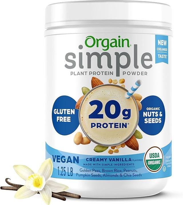 Orgain 유기농 심플 비건 단백질 파우더, 바닐라 - 식물 기반 단백질 20g, 적은 성분으로 제작, 스테비아 또는 인공 감미료 없음, 글루텐 프리, 유제품 프리, 콩 프리 - 0.6kg(1.3파운드) 상품 이미지