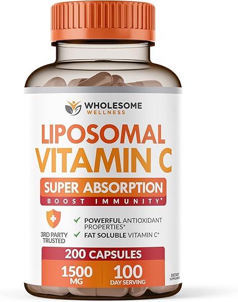 Liposomal 비타민 C 캡슐 (200 알약 1500 mg 버퍼드) 고흡수 VIT C, 면역 시스템 및 콜라겐 부스터, 고용량 지용성 면역 지원 아스코르빈산 보충제, 천연 비건 상품 이미지