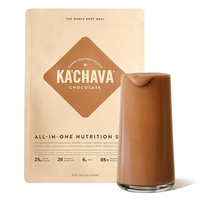 Ka'Chava 전신 식사 쉐이크 초콜릿 0.9kg(2파운드) - 비건 단백질 파우더 85개 이상의 슈퍼푸드 및 채소 함유 - 프로바이오틱스 및 소화 효소가 함유된 식물 기반 식사 대체품 - 글루텐 및 유제품 프리 (15회분) 상품 이미지