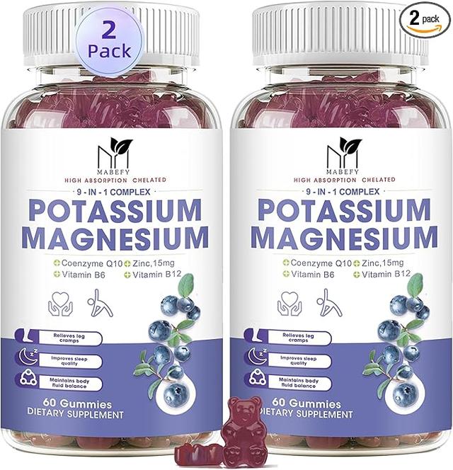 2팩 칼륨 마그네슘 젤리, 무설탕 칼륨 젤리, 마그네슘 글리시네이트 500mg 함유, 씹어먹는 마그네슘 칼륨 보충제, 칼슘, 아연, 비타민 함유, 다리 경련 및 근육통 완화