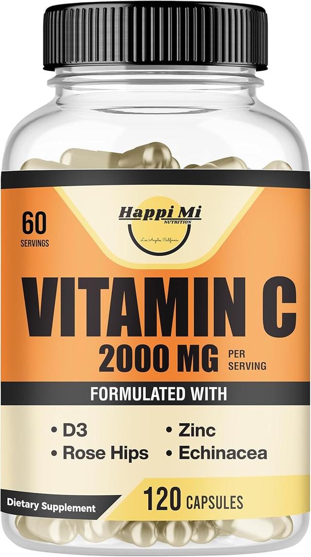 비타민 C 2000MG, 아연 40mg, 비타민 D3 5000 IU, 에키네시아 추출물, 로즈힙, 성인 및 어린이를 위한 면역 지원, 면역 부스터, 120 비건 캡슐, 60일 분량, 유전자 변형 성분 무함유, 필러 없음