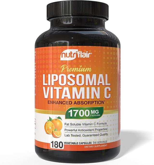 NutriFlair, 리포솜 비타민 C 1700mg, 캡슐 180정 - 높은 흡수, 지용성 VIT C, 높은 생체이용률, 면역 체계 지원 및 콜라겐 부스터, 유전자 변형 성분 무함유, 비건 알약