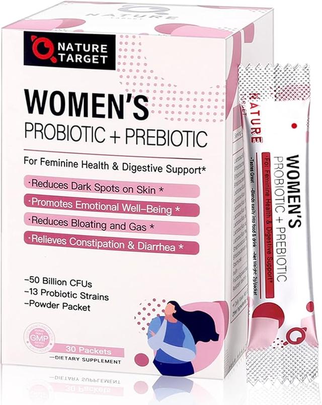 NATURE TARGET Probiotics for Women Probiotic Powder Supplement - Prebiotics and Probiotics for Digestive Health and Immune Support，30 Individual Stick Bags 상품 이미지