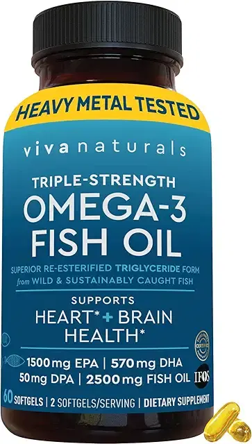 Viva Naturals Triple Strength 오메가 3 피쉬 오일 보충제 - EPA, DHA DPA 포함 리에스테르화된 오메가 3 지방산 함유 피쉬 오일 2500mg - 페스카타리안 친화적인 소프트젤 60개 상품 이미지