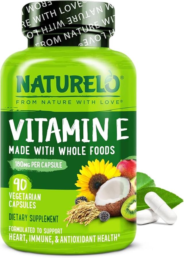 NATURELO 비타민 E 180mg(300 IU), 유기농 천연 혼합 토코페롤, 건강한 피부, 머리카락, 손톱, 면역 및 눈 건강을 위한 보충제, GMO 프리, 소이 프리, 비건 캡슐 90개