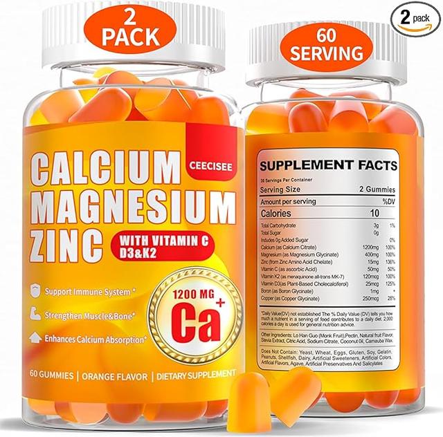 여성/남성용 칼슘 마그네슘 구미: 비타민 C, D3, K2 함유 1200mg 칼슘 시트르산 아연 구미 - 비건 무설탕 씹어먹는 고흡수 에너지 면역 지원 보충제(120개입)