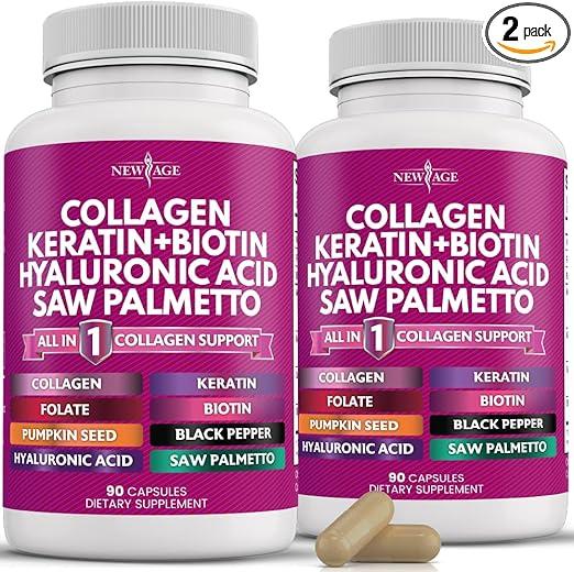 NEW AGE Collagen Pills 비오틴 케라틴 쏘팔메토 히알루론산 - 모발 피부 및 손톱 비타민 및 DHT 차단제, 비타민 E 엽산 호박 씨앗 MSM 포함 - 180개