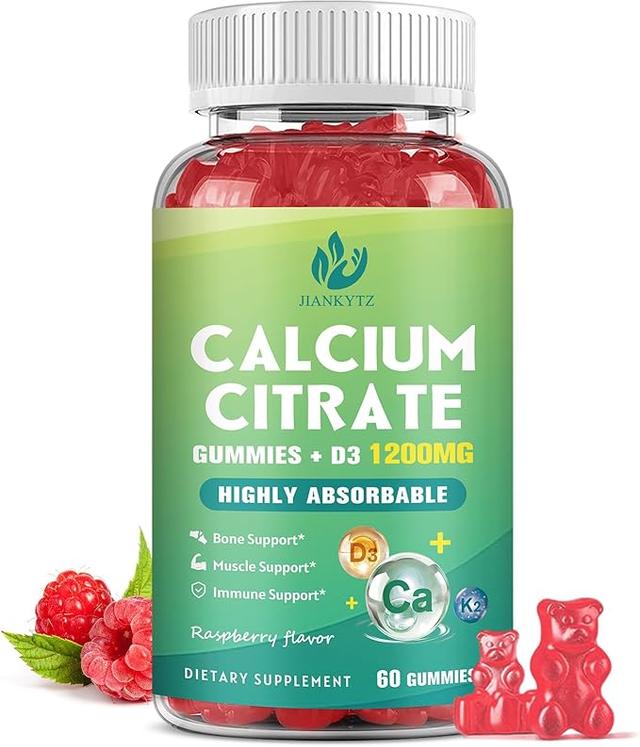 비타민 D3가 함유된 구연산칼슘 구미 1200mg, 최고의 흡수력을 자랑하는 씹어먹는 구연산칼슘 구미(비타민 D3, K2, C, 마그네슘, 아연 함유) - 뼈와 근육 건강, 면역 강화 - 라즈베리, 60개입