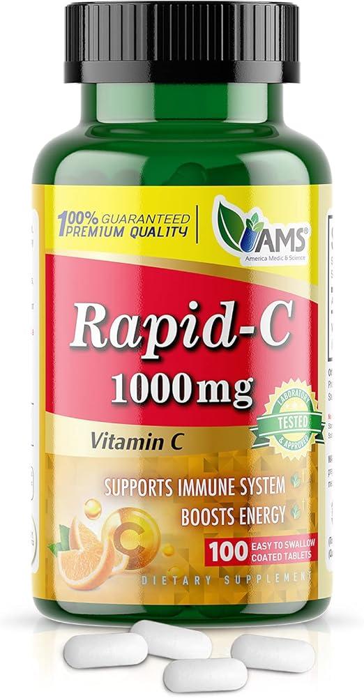 America Medic & Science Rapid-C 1000mg 비타민 C 보충제 (100정 1팩), 에너지 부스터, 데일리 면역 체계 지원, 항산화제 | 비건, 유전자 변형 성분 무함유 코팅 아스코르브산, 성인 남성 및 여성