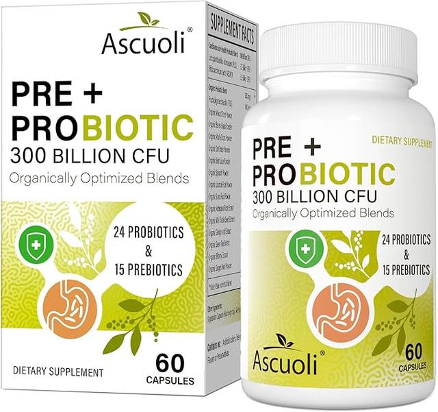 Ascuoli Probiotics for Women & Men - 300 Billion CFU, 24 Strains Probiotics + 15 Organic Herbs Blend, Daily Probiotic for Digestive Health, Immune, Gut, Bloating - 60 Capsule 상품 이미지