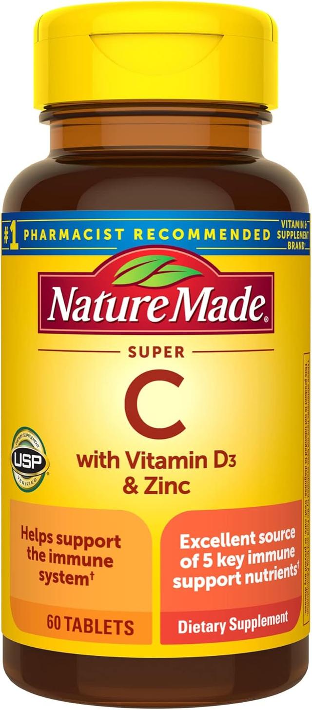 Nature Made 비타민 D3 및 아연 함유 슈퍼 C, 면역 지원을 위한 건강 보조 식품, 60 정, 60 일 분량