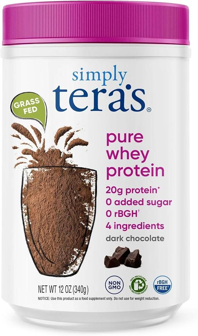 Simply tera's Pure 유청 단백질 파우더 - 다크 초콜릿 클린 단백질 파우더, 목초 사육 유청 단백질 파우더, 인공 감미료 없음, 클린 라벨, GMO 프리, 코셔, rBGH 프리 - 355ml(12온스) 상품 이미지