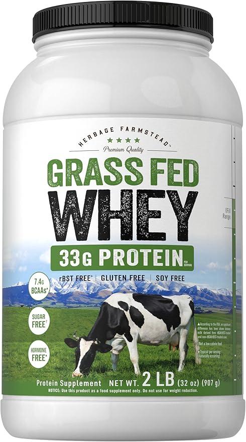 Carlyle Herbage Farmstead 목초 사육 유청 단백질 파우더 | 0.9kg(2파운드) | 1회 제공량당 단백질 33g | 무향 | 설탕 및 호르몬 프리 | GMO 프리 및 글루텐 프리 보충제 상품 이미지