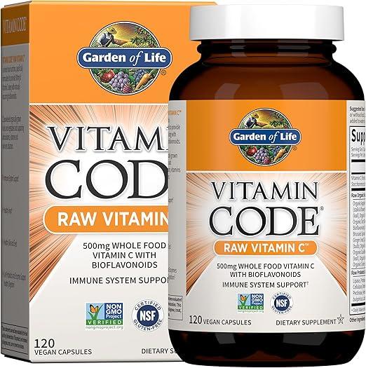 Garden of Life, 비타민 코드, 무가공 비타민 C - 120 캡슐, 500mg 천연 식품 비타민 C 캡슐 + 과일 및 채소 블렌드 및 프로바이오틱스, 성인용 보충제, 비건, 글루텐 프리