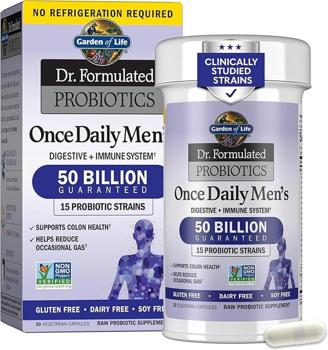 Garden of Life Probiotics for Men Dr Formulated 50 Billion CFU 15 Probiotics for Digestive Health + Organic Prebiotic Fiber for Colon & Immune Support, Daily Gas Relief, Shelf Stable, 30 Capsules 상품 이미지