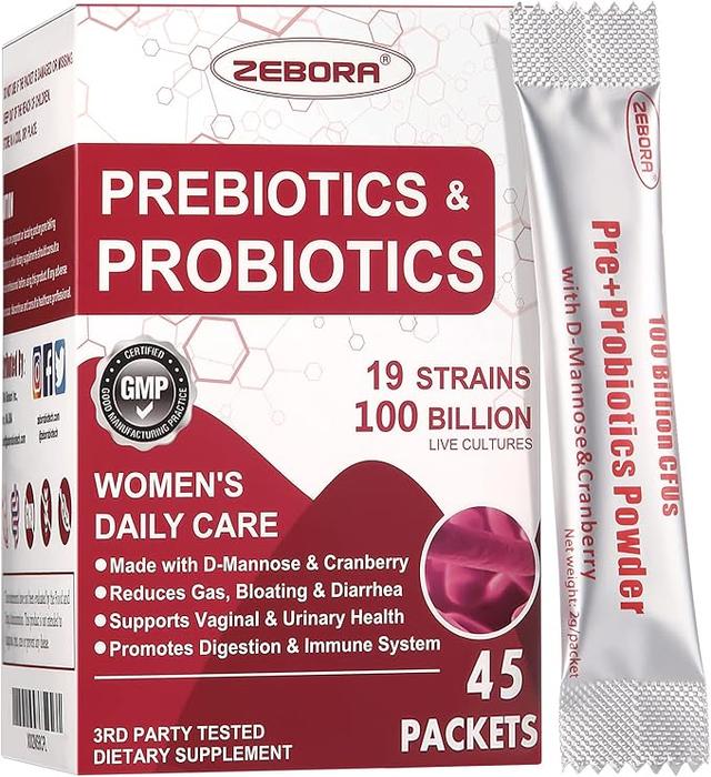 ZERBORA Probiotics for Women 100 Billion CFUs Probiotics and Prebiotics Powder for Gut and Digestive Health, Womens Probiotic with Cranberry, D-Mannose for Urinary Tract Support, 45 Packets 상품 이미지