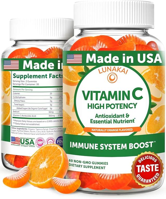 Lunakai USA Made 성인 및 어린이를 위한 고효능 비타민 C 구미젤리 - 300mg 면역 지원 - 유전자 변형 성분 무함유, 비건, 맛있는 오렌지 맛, 60ct