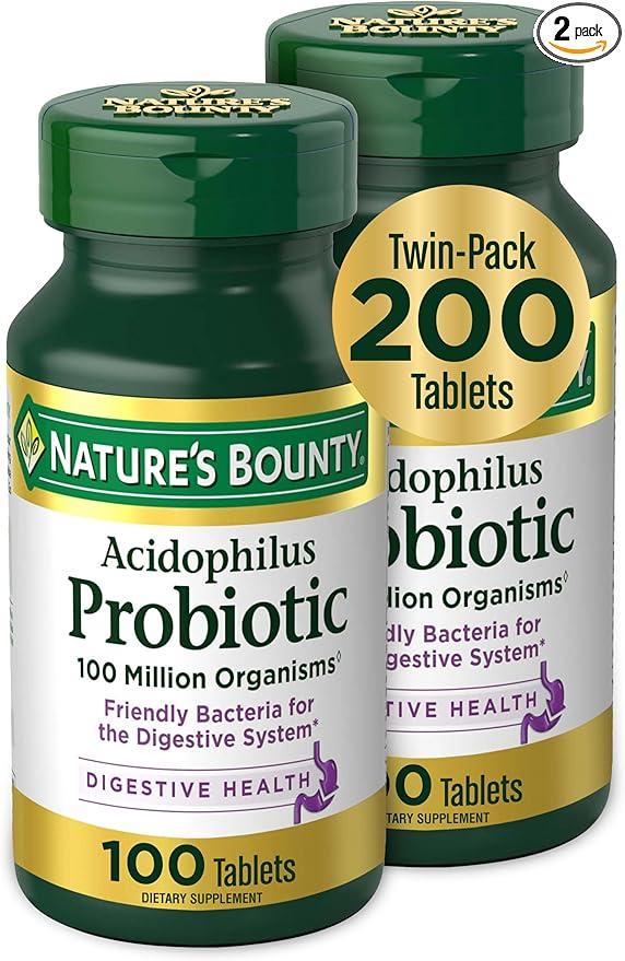 Nature's Bounty Acidophilus Probiotic, Daily Probiotic Supplement, Digestive Health, 200 Tablets, Twin Pack 상품 이미지