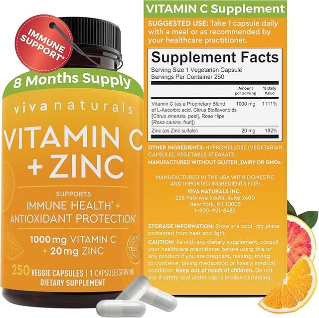 Viva Naturals 비타민 C 및 아연 보충제 (250 캡슐) - 아연 함유 비타민 C 1000mg 면역 지원을 위한 항산화 보충제 20mg, 성인용 비타민 보충제