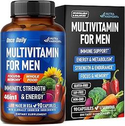 Multivitamin for Men - B-Complex | Whole Foods & Enzymes - Energy, Focus & Brain | Men's Health Complex - 46in1 Mens Multivitamin - Bioavailable & Gentle on Stomach - Made in USA - 90 Capsules, 1/Day 이미지