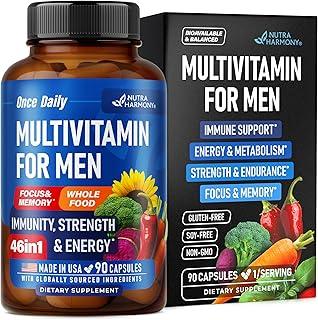 Multivitamin for Men - B-Complex | Whole Foods & Enzymes - Energy, Focus & Brain | Men's Health Complex - 46in1 Mens Multivitamin - Bioavailable & Gentle on Stomach - Made in USA - 90 Capsules, 1/Day 상품 이미지
