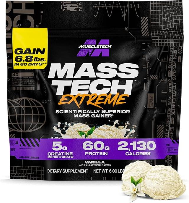 Muscletech 고단백질 매스 게이너 (바닐라 밀크쉐이크, 2.7kg(6파운드)) - Mass Tech Extreme 2000 Mass Gainer 단백질 파우더 보충제 - 근육 증가, 회복 및 강도 향상을 위한 체중 증가제 상품 이미지