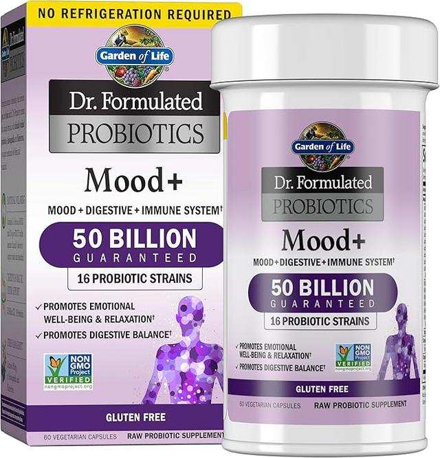 Garden of Life Probiotics Mood+ Dr Formulated Acidophilus Probiotic Supplement - Promotes Emotional Well-Being, Relaxation and Digestive Balance - Ashwagandha for Stress Management, 60 Veggie Caps 상품 이미지