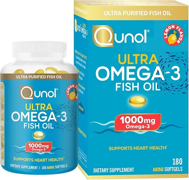 Qunol 피쉬 오일 오메가 3 미니 소프트젤, 1000mg 오메가 3 EPA + DHA, 울트라 퓨어 보충제, 심장 건강 지원, 레몬 맛, 삼키기 쉬운 미니, 3개월 분량, 180개 상품 이미지