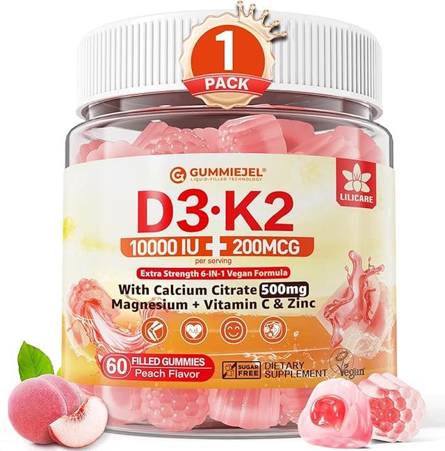 비타민 D3 K2 젤리 5000IU/10,000IU, 칼슘 500mg + K2(MK-7) 200mcg, 마그네슘, 비타민 C & 아연 함유, 고강도 - 뼈, 근육, 치아에 최고의 흡수력, 비건, 60개입 (1팩)