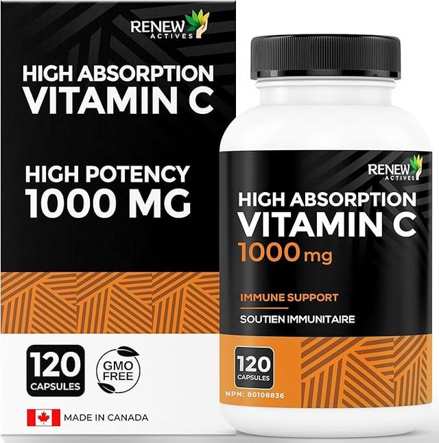 RENEW ACTIVES: 최대 강도 비타민 C, 1회 제공량당 1000MG – 전반적인 건강, 뼈, 치아 및 잇몸을 위한 항산화 및 면역 강화제 – 유전자 변형 성분 무함유, 무설탕, 4개월 분량 – 캐나다산 – 캡슐 120정