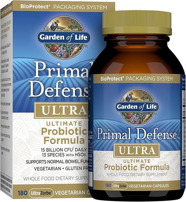 Garden of Life Probiotics for Digestive Health and Gut Health Balance, Primal Defense Ultra Ultimate Formula, 15 Billion CFU and 13 Strains Plus HSOs, Vegetarian and Gluten Free, 180 Capsules 상품 이미지