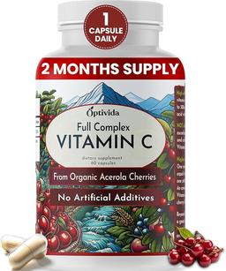 OPTIVIDA 식물 기반 천연 아세로라 체리 비타민 C 캡슐 | 60 개 | 유기농 비타민C | 면역 지원, 건강한 피부 및 관절을 위한 무아스코르브산 비건 보충제 이미지