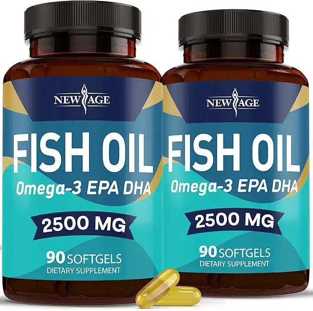 (2개입) New Age 제품 오메가 3 피쉬 오일 2500mg 보충제 - 면역 및 심장 지지 - 관절, 눈, 뇌 및 피부 건강 증진 - GMO 180 소프트젤 - EPA, DHA 지방산 글루텐 프리