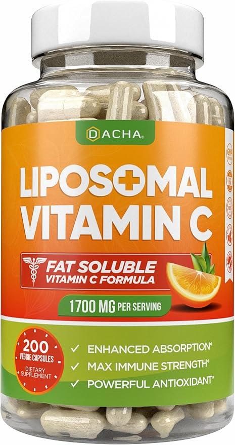 DACHA 천연 리포솜 비타민 C - 1700mg, 캡슐 200정, 면역 체계 및 콜라겐 부스터, 고흡수 지용성 VIT C, 완충, 피부 비타민, 채식주의자, 비건