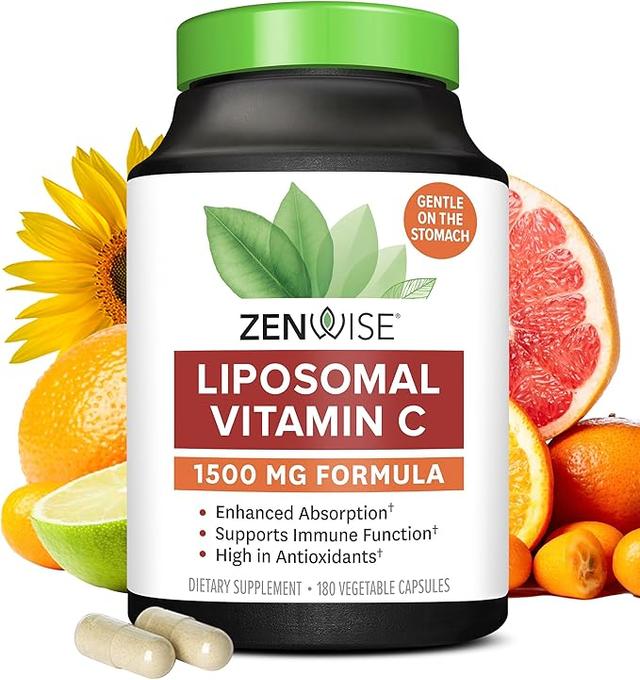 Zenwise Health, 흡수 강화 리포솜 비타민 C 보충제 - 면역 지원, 항산화 및 천연 에너지 부스트를 위한 리포솜 비타민 C 1500mg - 비건, 유기농 및 글루텐 프리 - 무맛, 180 개입