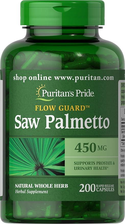 Puritan's Pride Flow Guard™ 톱팔메토 추출물 450mg, 남성 전립선 및 비뇨기 건강 지원을 위한 천연 허브 전통 허브 식이 보충제, 200개 속방 캡슐 상품 이미지