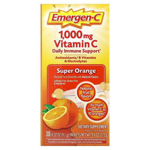 이머전-씨 Emergen-C, 비타민C, 향료 첨가된 발포 드링크 믹스, 슈퍼 오렌지 맛, 1,000mg, 30팩, 개당 9.1g(0.32oz)