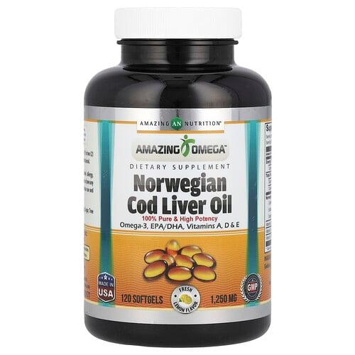 Amazing Nutrition, 노르웨이산 대구 간유, 레몬, 1,250mg, 소프트젤 120정 상품 이미지