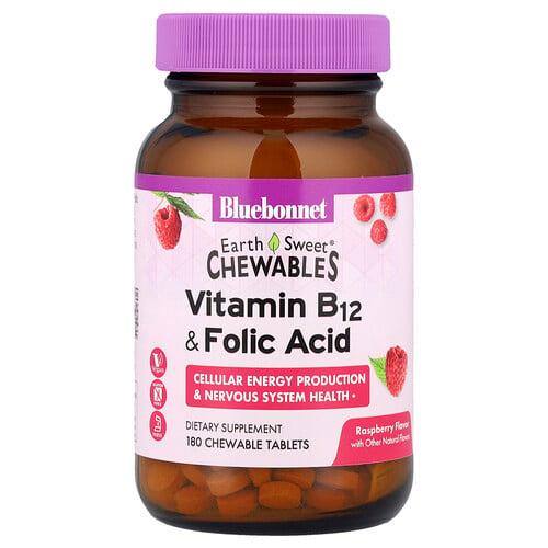 블루보넷 뉴트리션 Bluebonnet Nutrition, EarthSweet 츄어블, 비타민B-12 및 엽산, 천연 라즈베리맛, 츄어블 180정